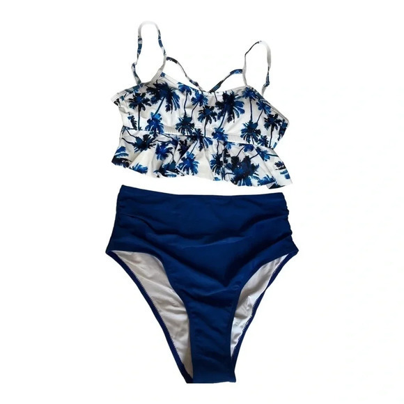 TROPICAL HIGH WAISTED BLUE BIKINI SWIMSUIT 2 PIECE STRAPPY SIZE MEDIUM NWT - Picture 3 of 9